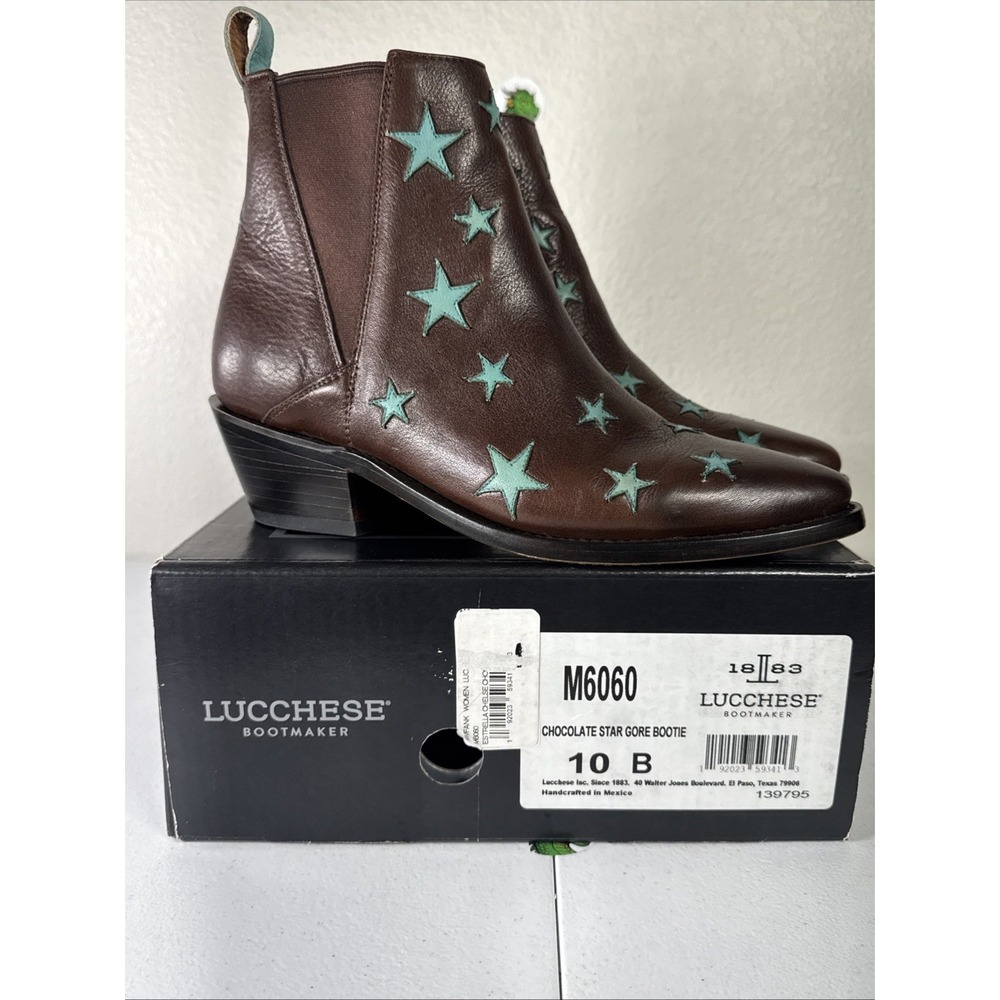 Lucchese Estrella Chelsea Chocolate Star Bootie 10B Brown & Turquoise Western